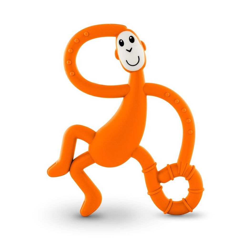 Orange monkey teething toy with smiling face and ring handles.