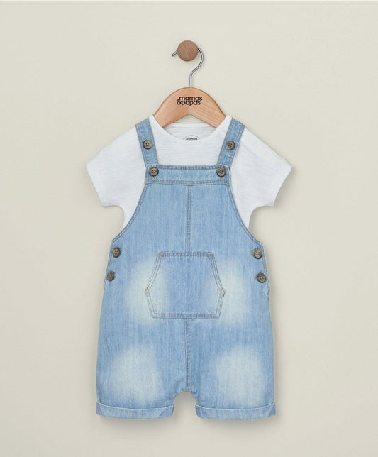 Light wash denim dungarees with bib front and white short-sleeve T shirt set