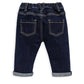 Dark denim jeans with two back pockets, stitched seams, and cuffed legs