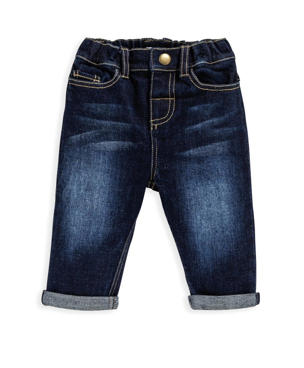 Navy denim jeans with front button, belt loops, and rolled cuffs