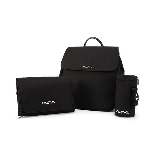 Black diaper bag with flap top and side attachments, plus matching storage pouch