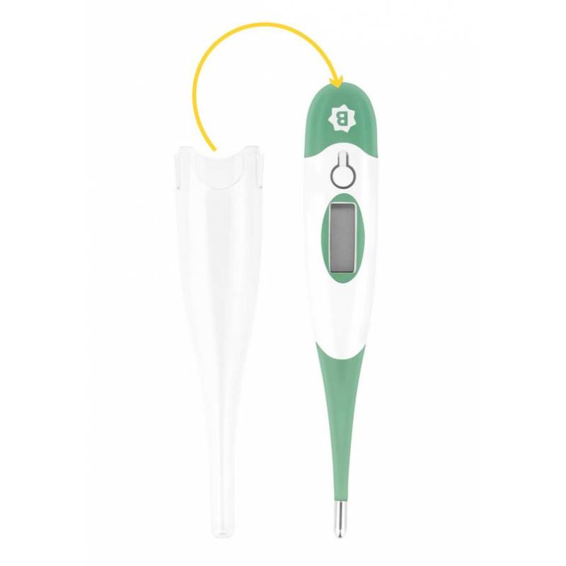 Green and white digital thermometer with protective cover piece