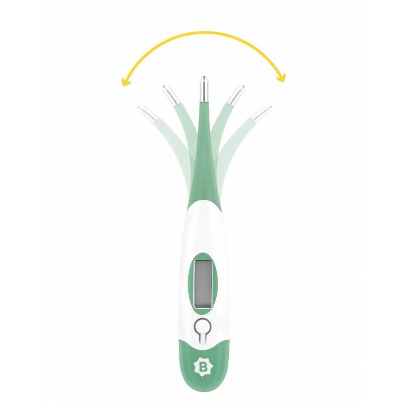 Green and white digital thermometer with probe tip and sensor lights
