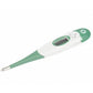 Green and white digital thermometer, side profile with display window