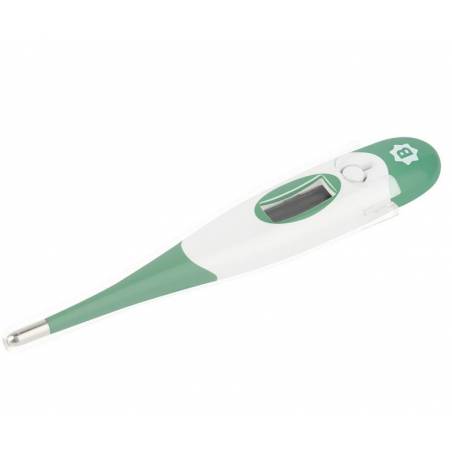 Green and white digital thermometer, side profile with display window