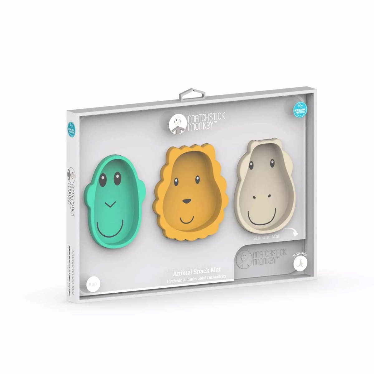 Pack of 4 animal snack mats in cool grey with three character faces on box