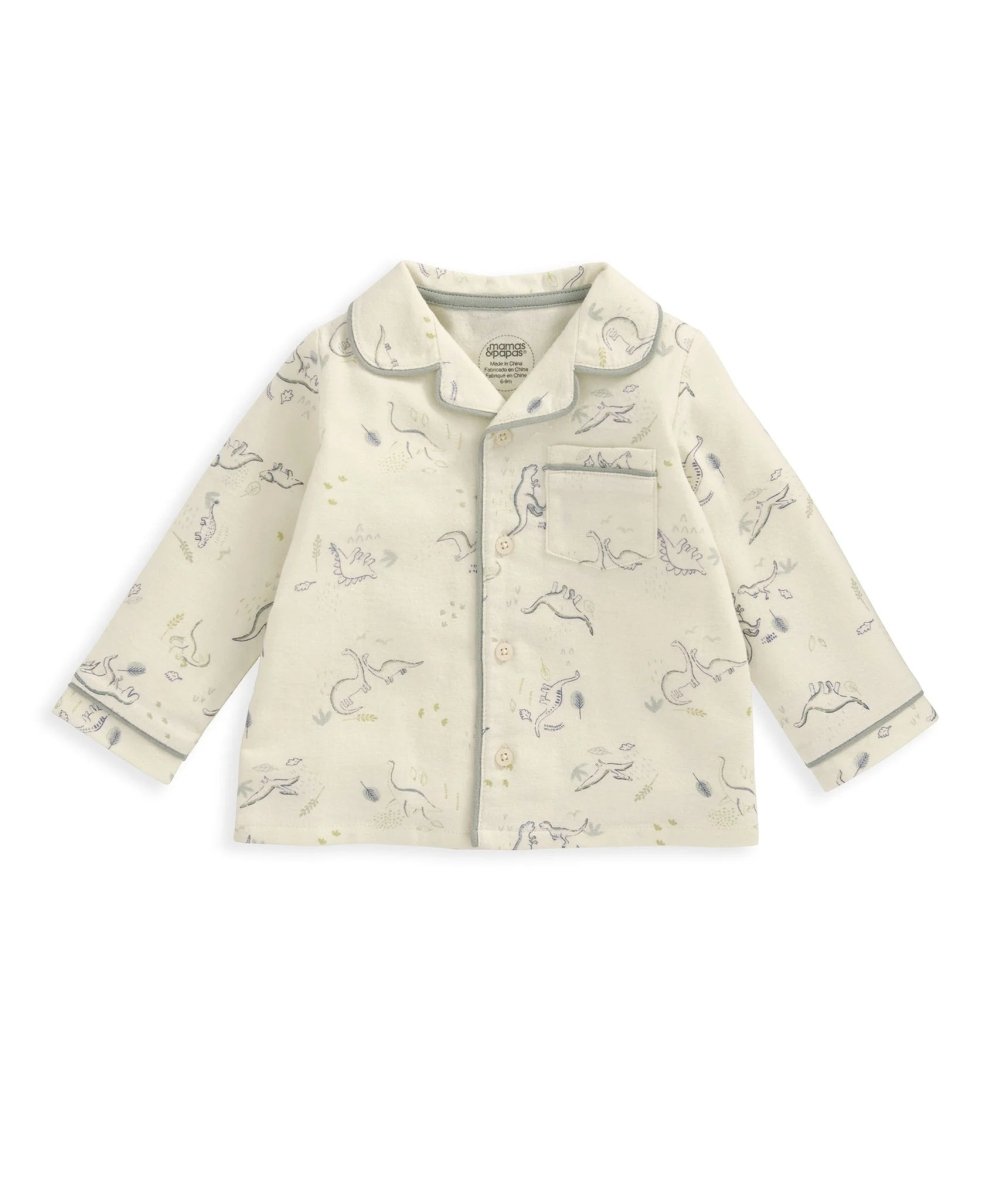 Cream dinosaur print pyjama top with button front and chest pocket detail
