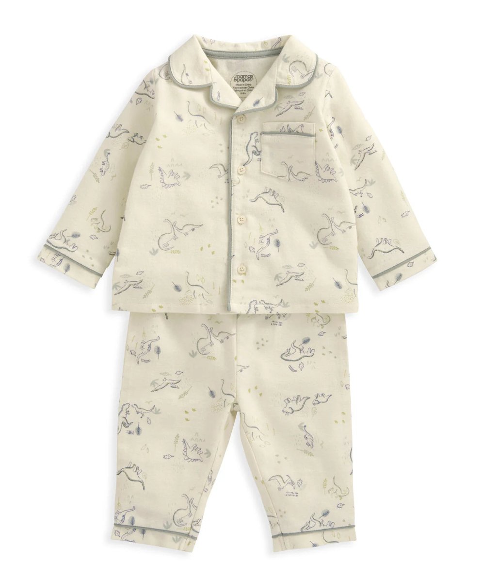 Cream dinosaur print pyjama set with long-sleeve button shirt and trousers