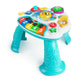 Turquoise 2-in-1 activity table toy with colorful keys, buttons, and number panel