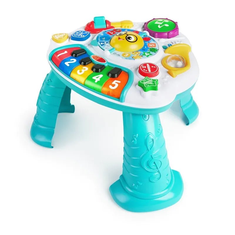 Turquoise 2-in-1 activity table toy with colorful keys, buttons, and number panel