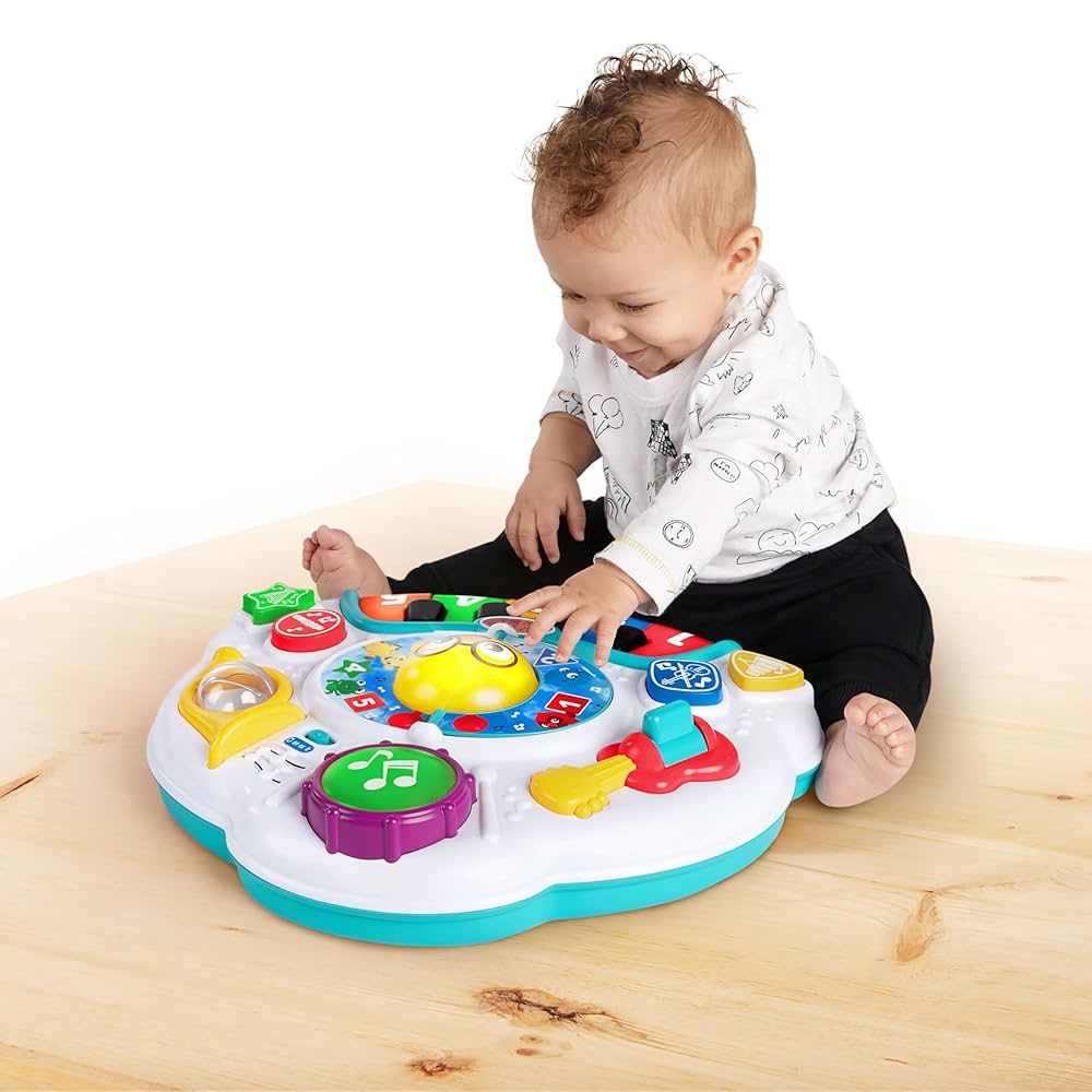 Round activity floor toy with colorful musical buttons and teal base ring