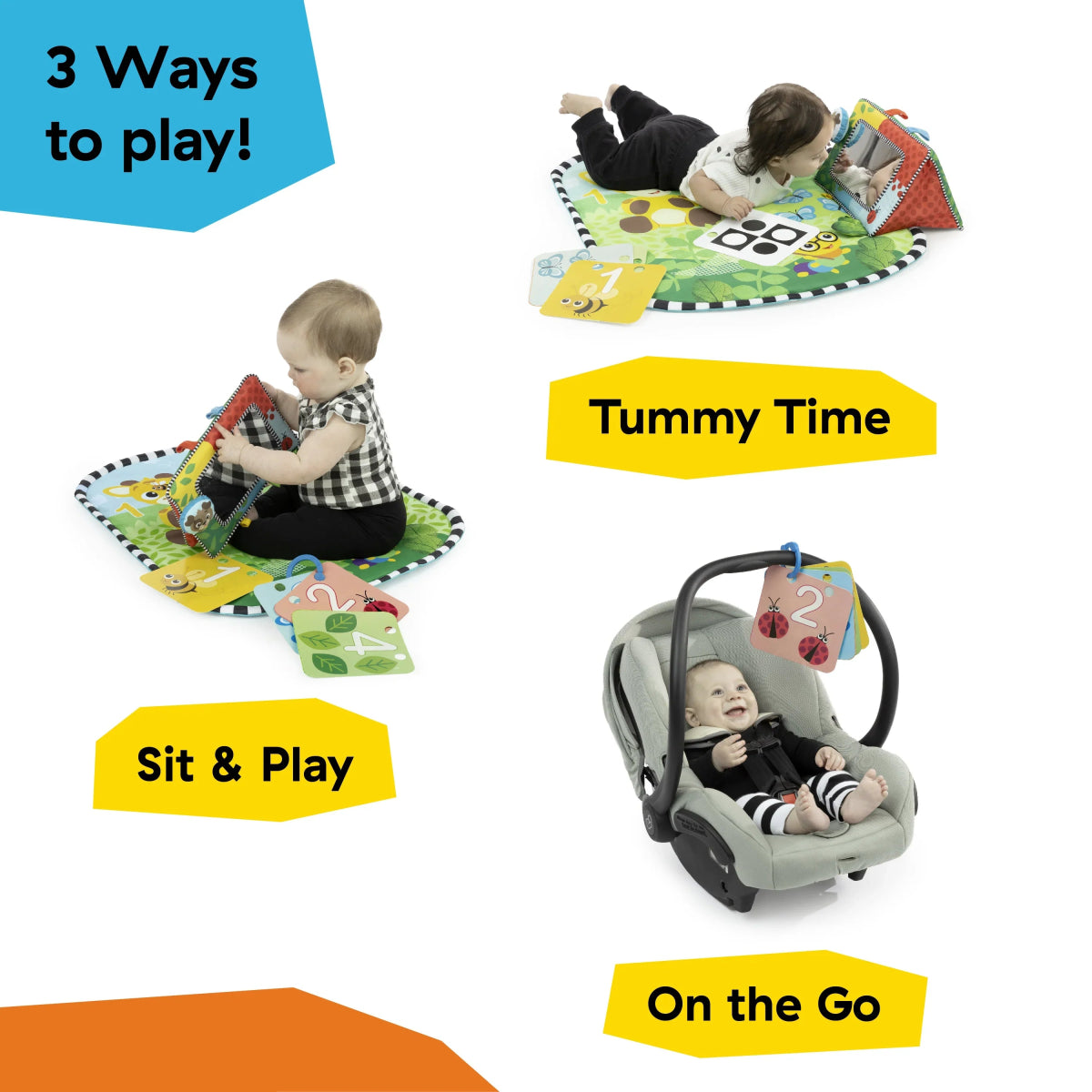 Fold-out tummy time mat with attached activity cards and square mirror panel