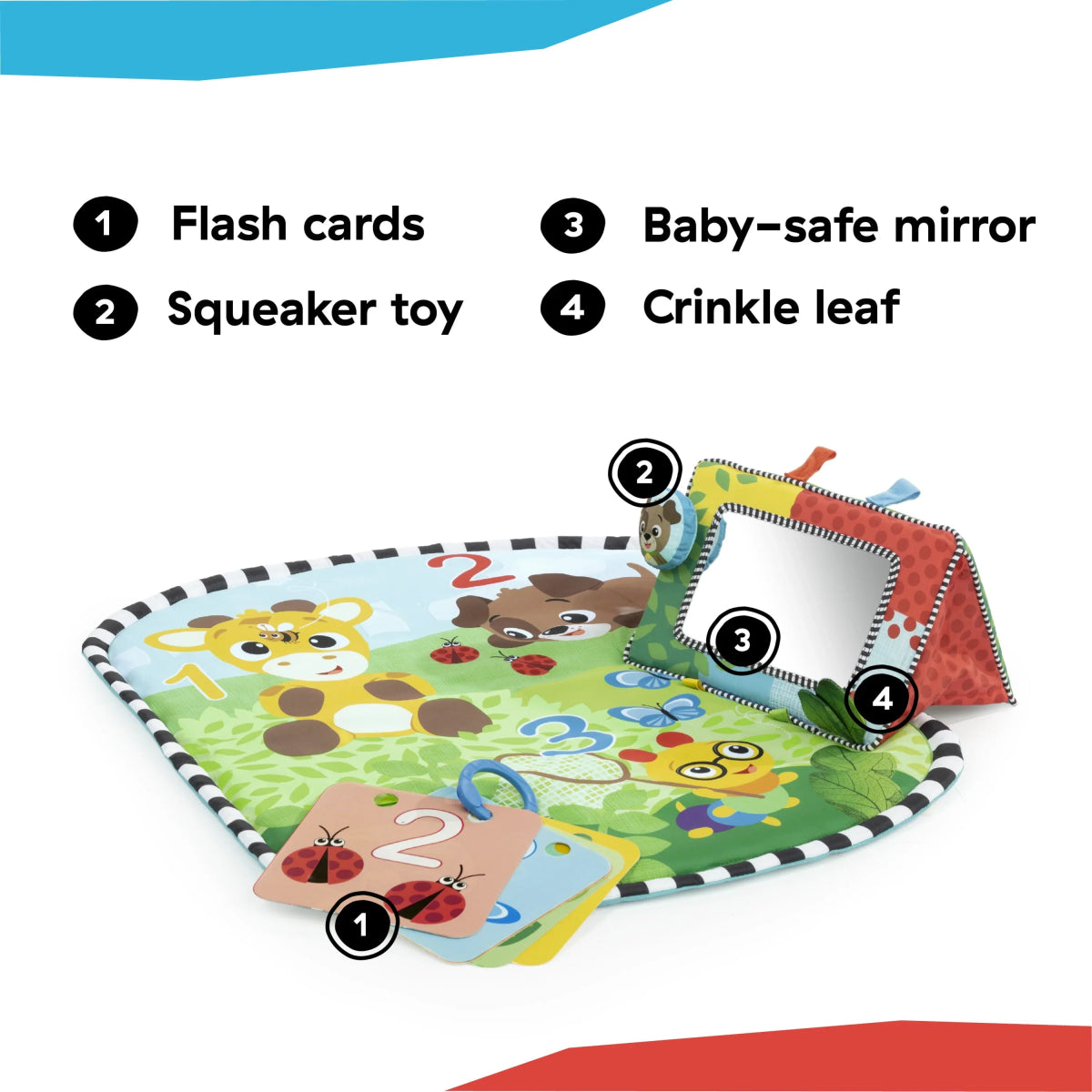 Tummy time activity mat with animal graphics, hanging mirror, and crinkle leaf