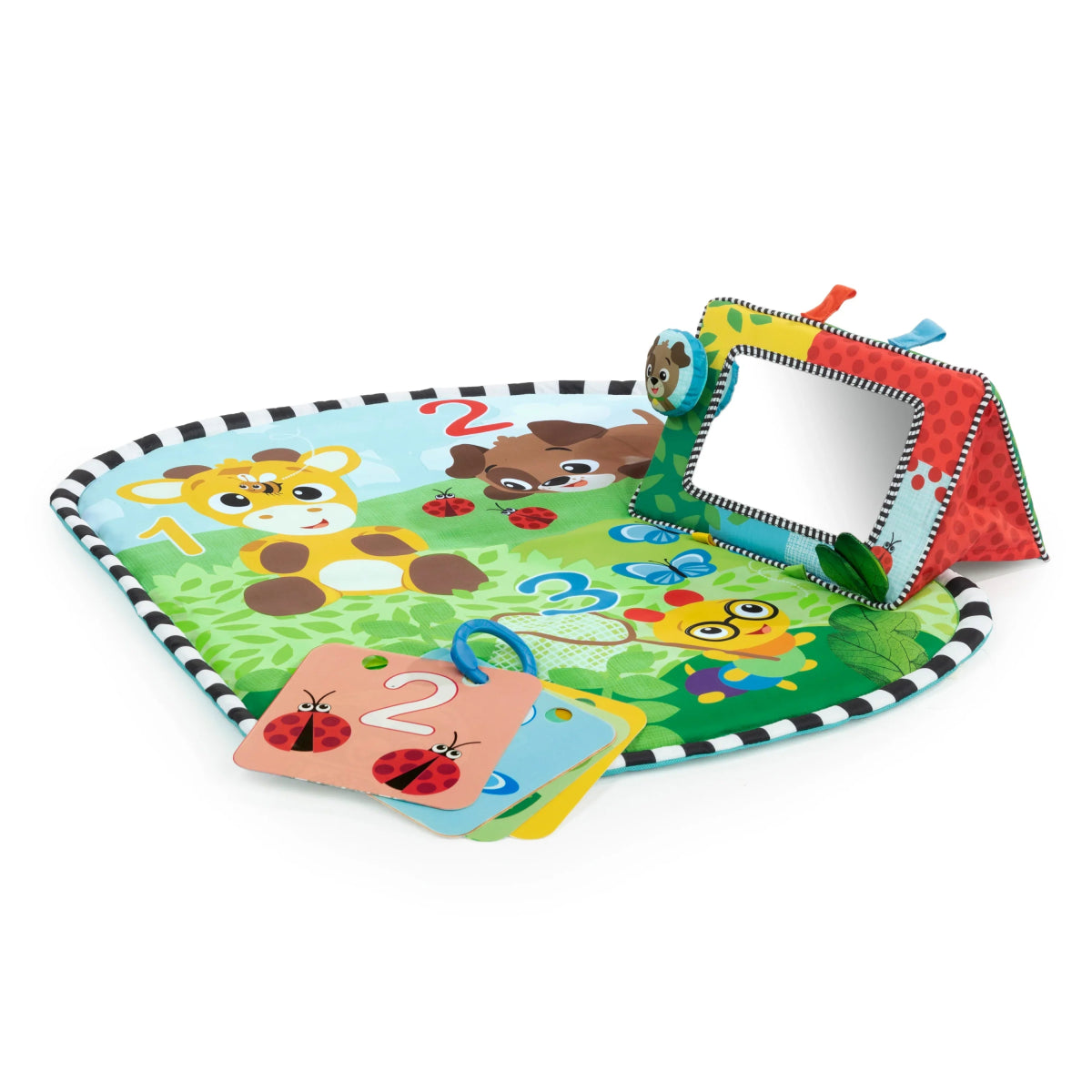 Baby tummy time mat with colorful animal print and square baby-safe mirror