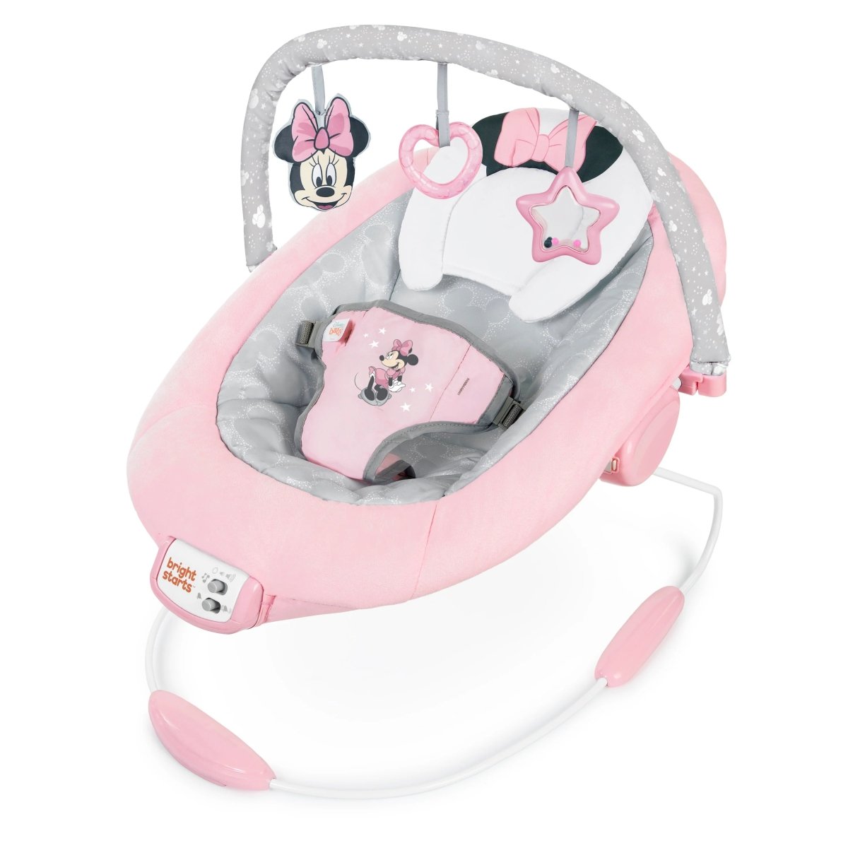 Pink Minnie Mouse baby bouncer with gray seat and hanging star toy bar
