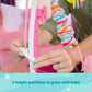 Pink baby activity jumper height-adjustment lever near padded side frame