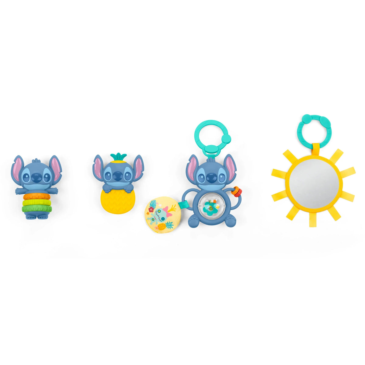 Stitch newborn gift set: ring teether, sea rattle, circular teether, clip-on toy