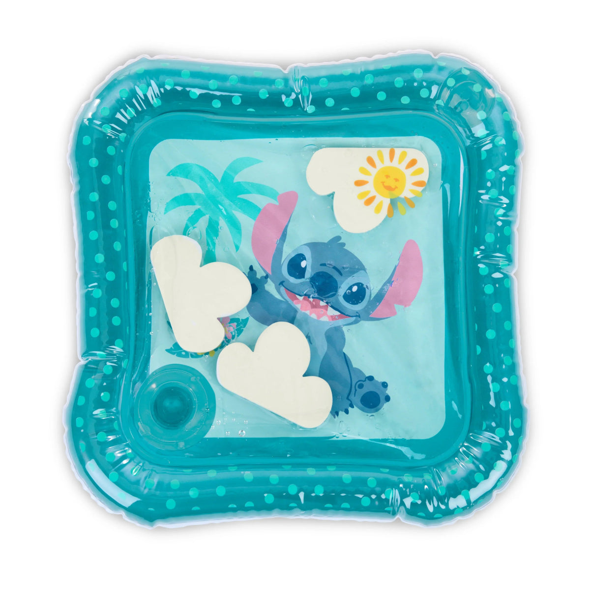 Inflatable water play mat with clear center and blue Stitch graphic