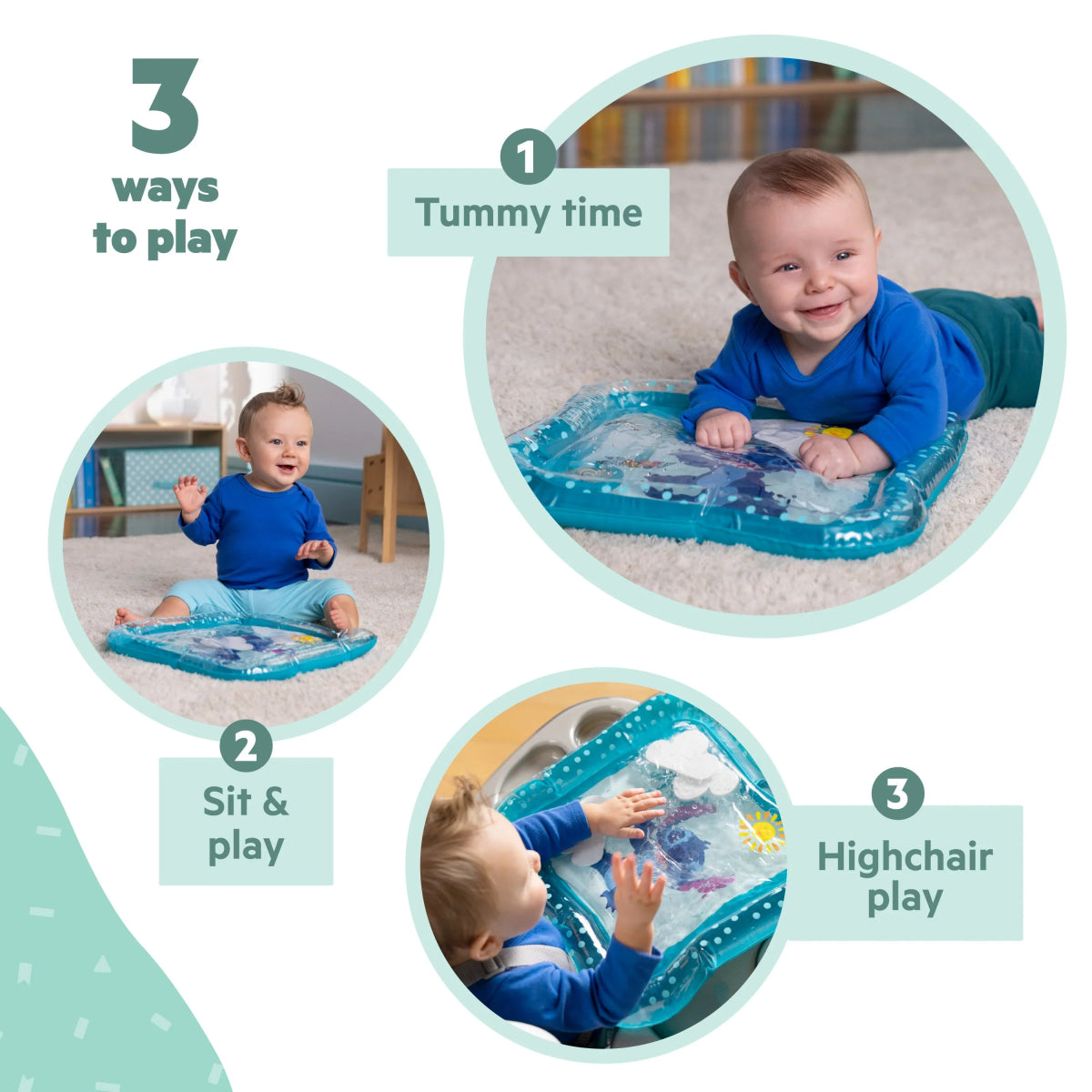 Inflatable water play mat with blue Stitch graphics showing three play positions