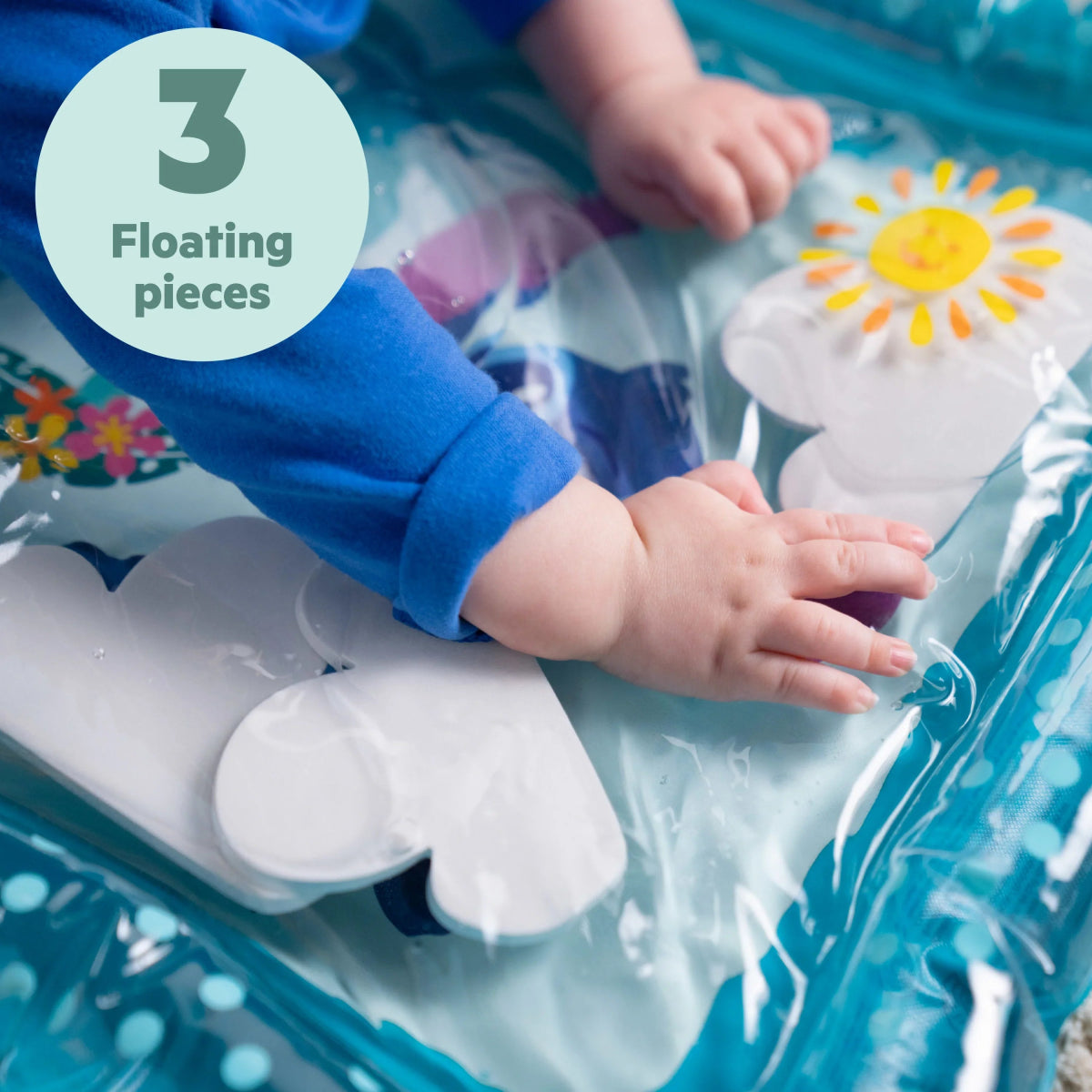 Inflatable water play mat with Stitch-themed floating pieces, close-up hands