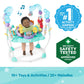 Disney Baby activity jumper shown with infant standing inside, teal frame and hanging toys
