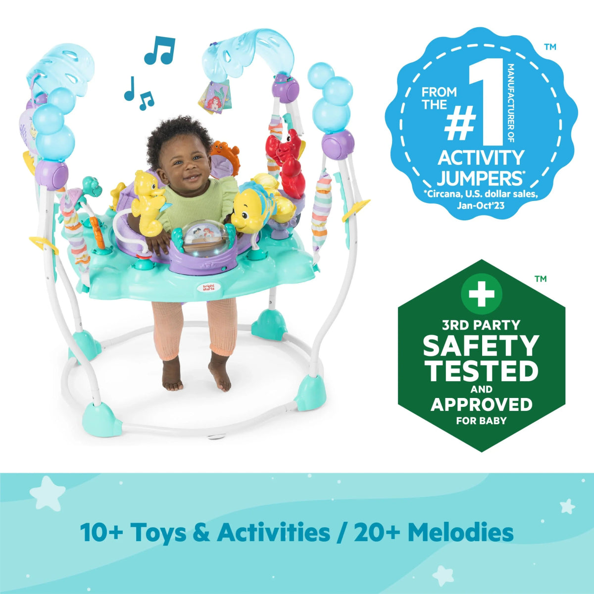 Disney Baby activity jumper shown with infant standing inside, teal frame and hanging toys