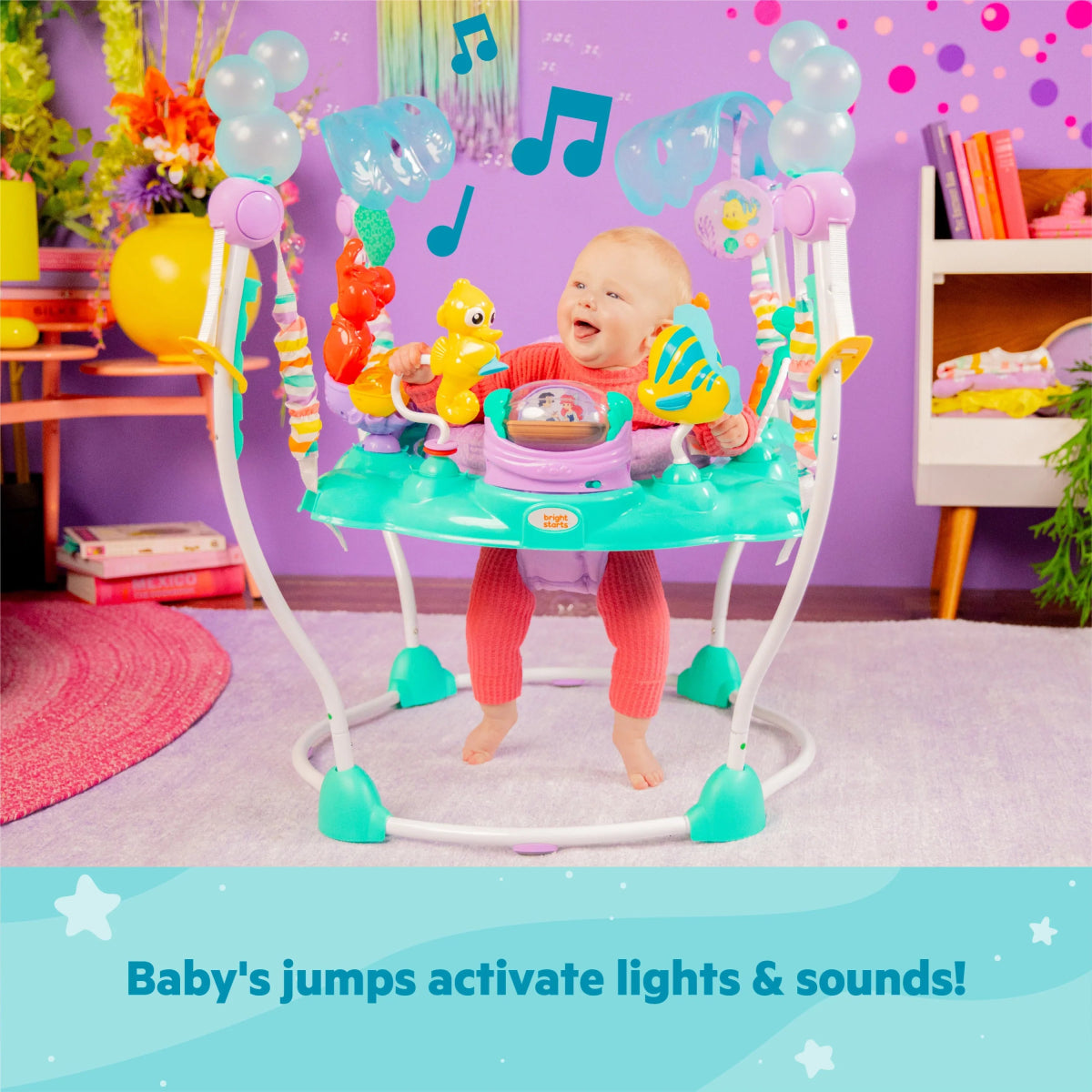 Disney Baby mermaid activity jumper with spinning light-up center and dangling toys, teal