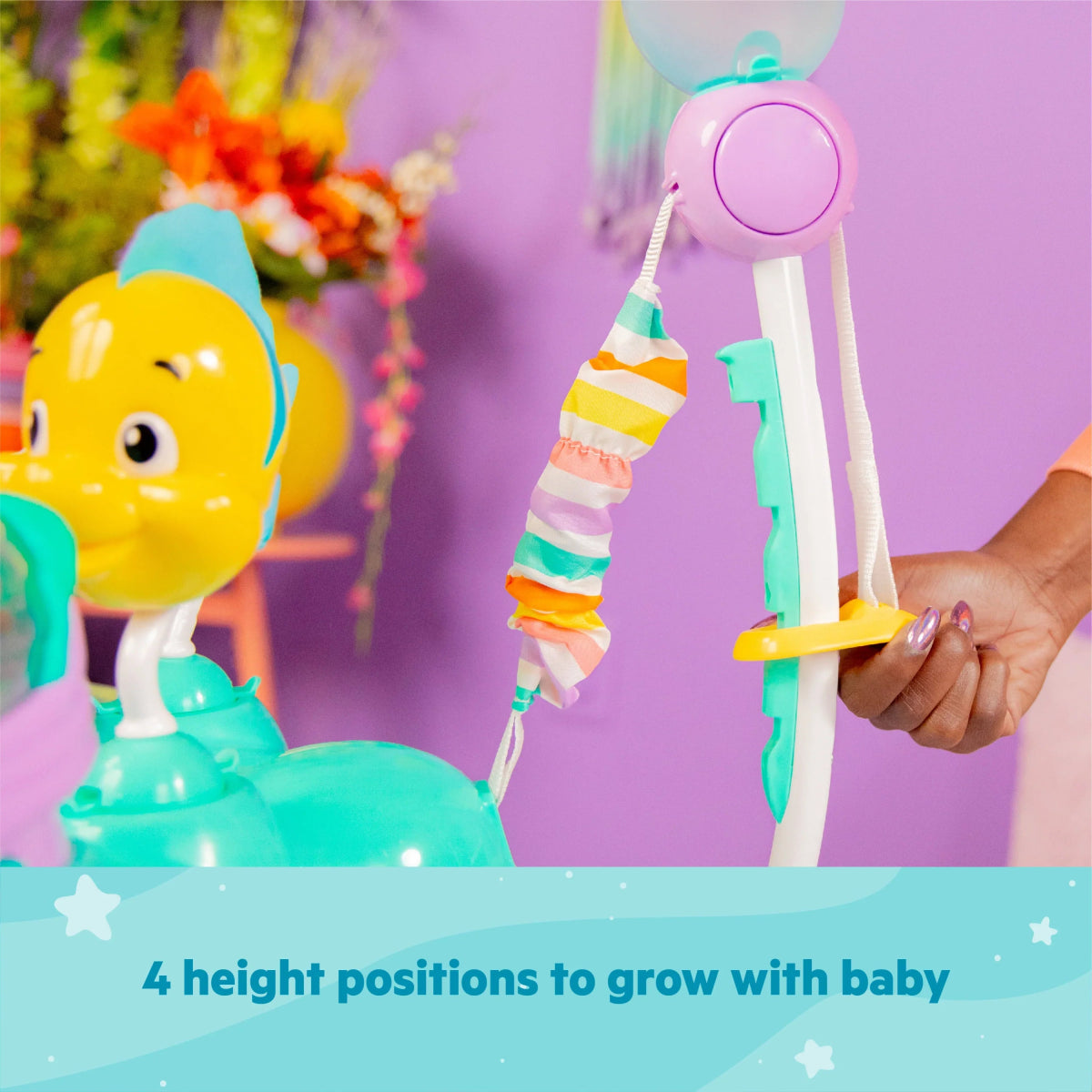 Mermaid sea activity jumper toy arch with hanging colorful straps and hand-grip handle, teal