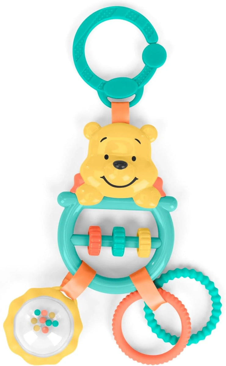 Winnie the Pooh stroller activity toy with teal handle, colorful gears, and rattle rings