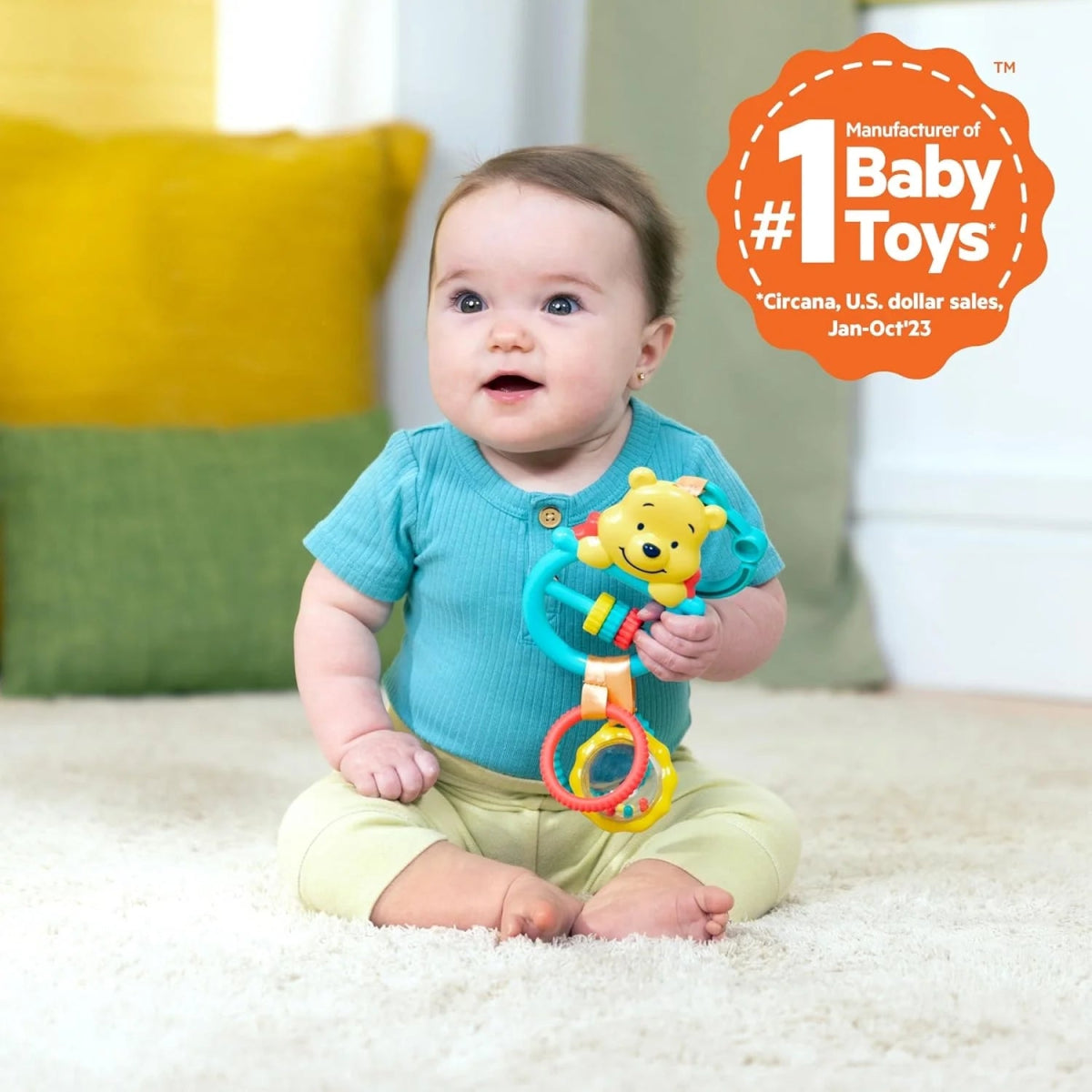 Winnie the Pooh stroller activity toy with teal and orange hanging rattle beads
