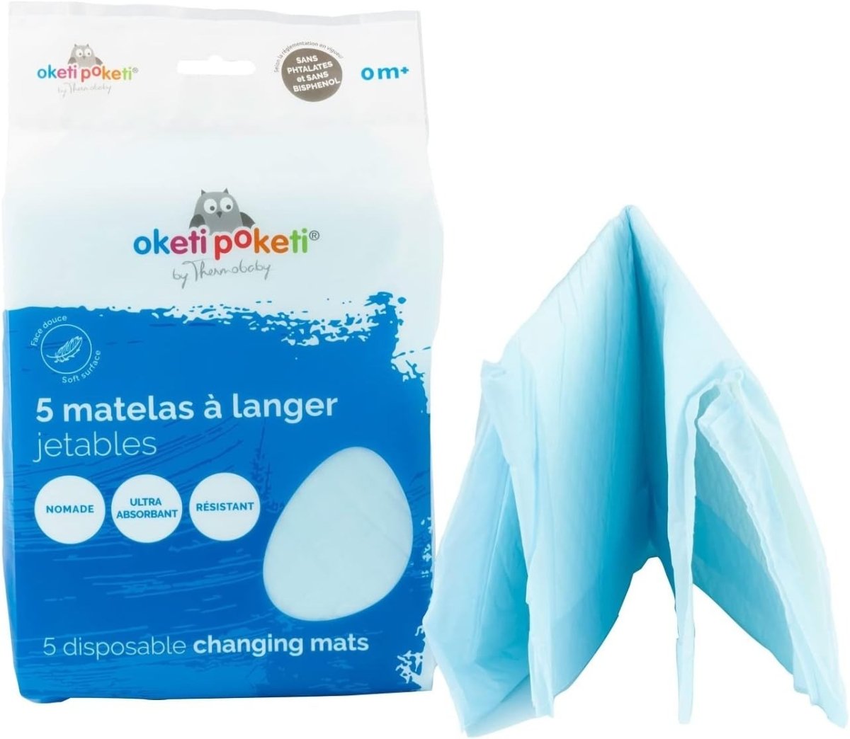 Disposable changing mat with light-blue folded sheet, pulled open next to 5-count pouch