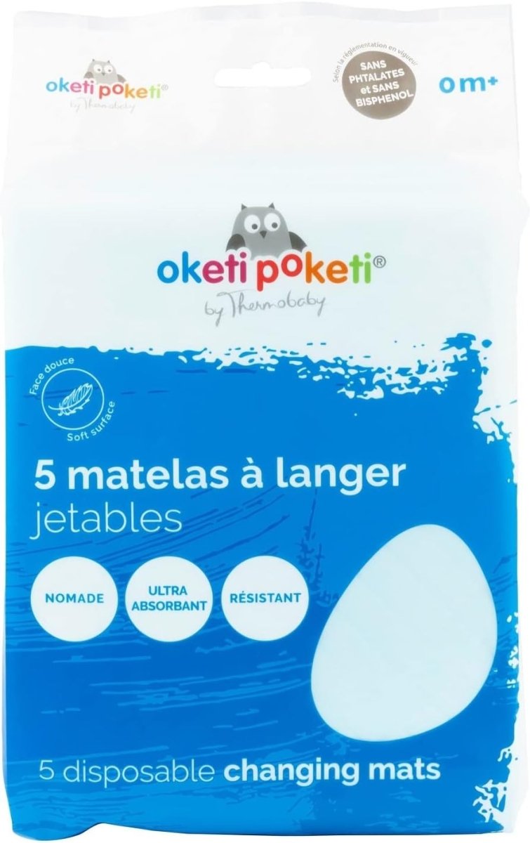 Disposable changing mats pack with light-blue label and round absorption badges, 5 count