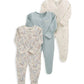 Three floral sleepsuits, long-sleeve button-front footed legs in blue, cream, and white