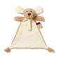 Cream plush dog cuddly toy with floppy ears and dummy holder pocket, colorful tag