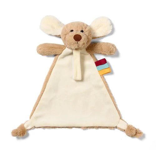 Cream plush dog cuddly toy with floppy ears and dummy holder pocket, colorful tag