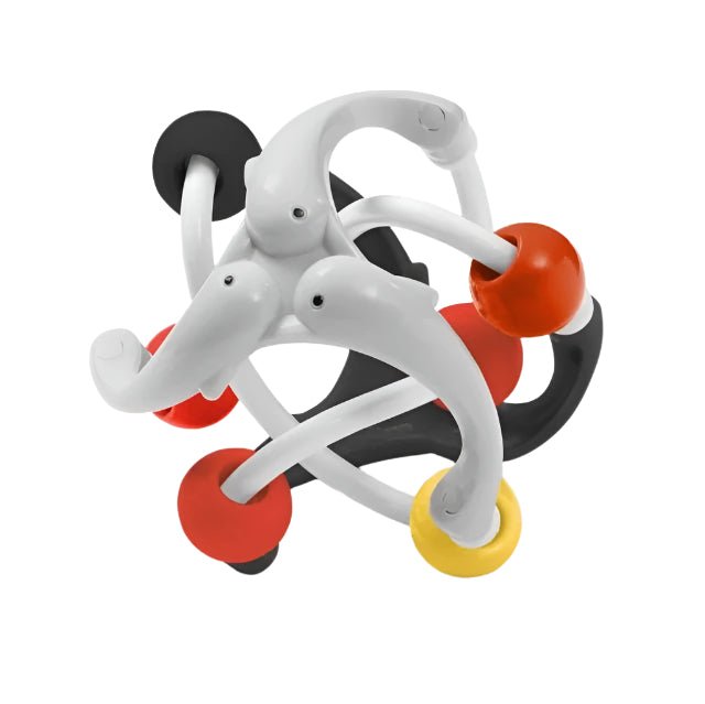 Dolphin’s sphere rattle toy with white dolphins, red and yellow rings, and orange ball.