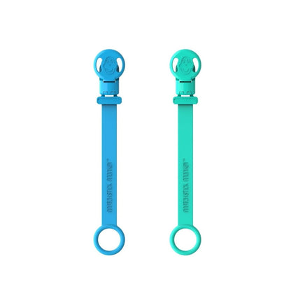 Double soother clip set with blue and teal animal-face clips