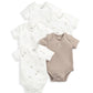 5-pack baby bodysuits laid out: white sets with tiny prints and one taupe bodysuit
