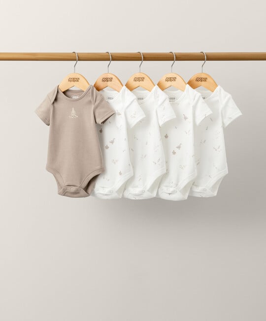 5-pack baby bodysuits on hanger: one taupe and four white with small tree prints