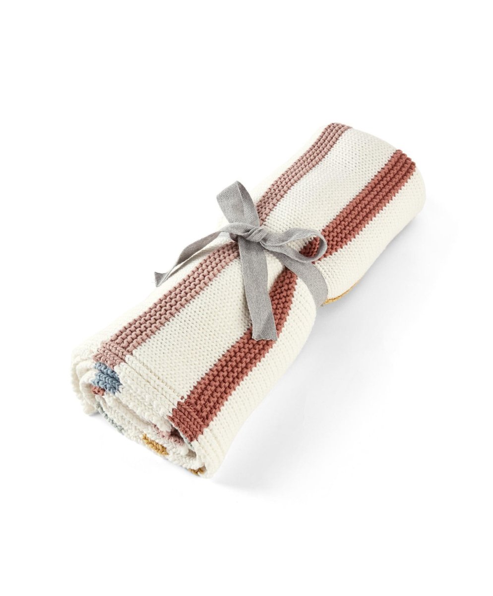 Knitted striped blanket, cream with rust and gray bow tie detail