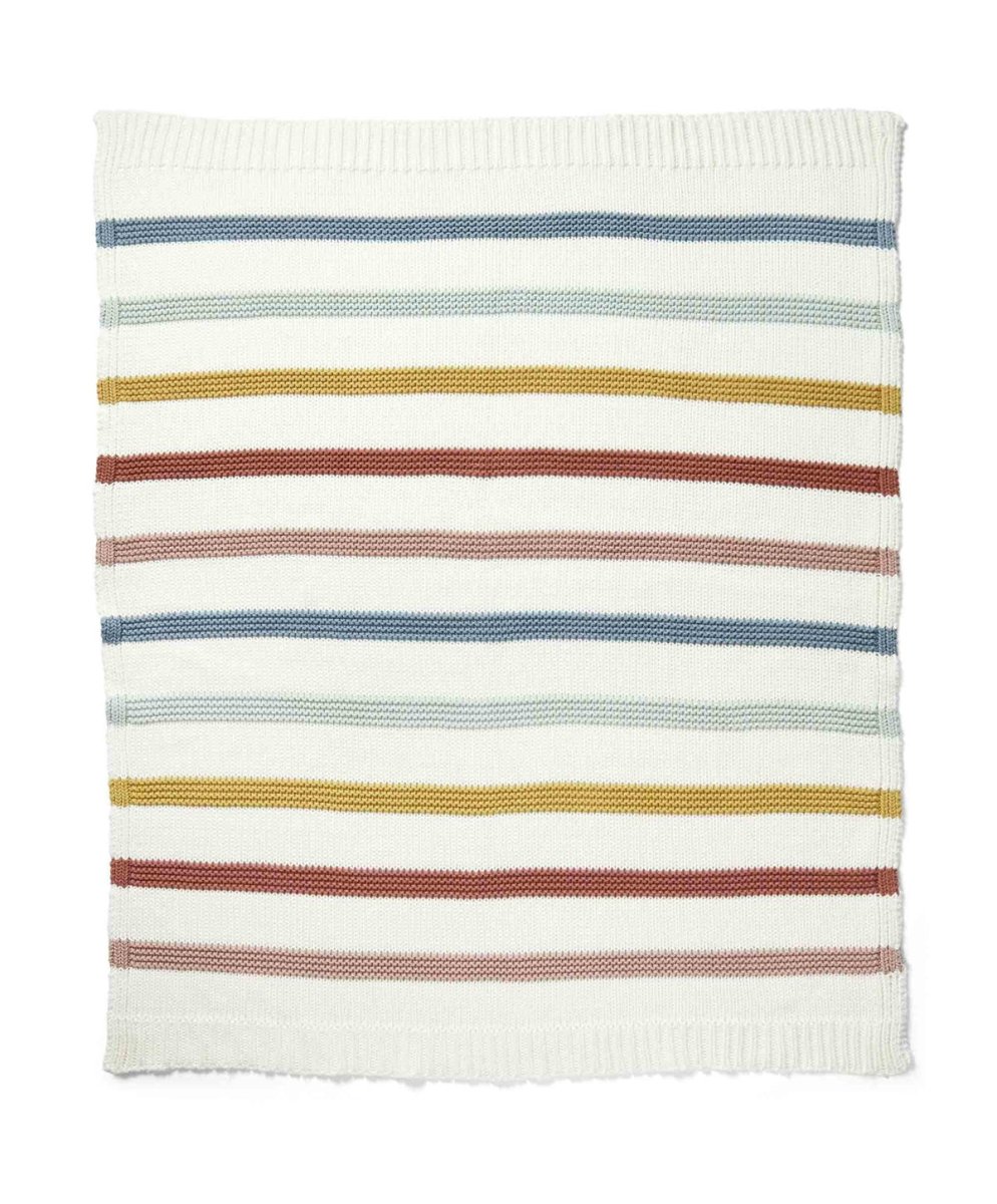 Knitted striped blanket square, cream with horizontal blue, yellow, red, green stripes
