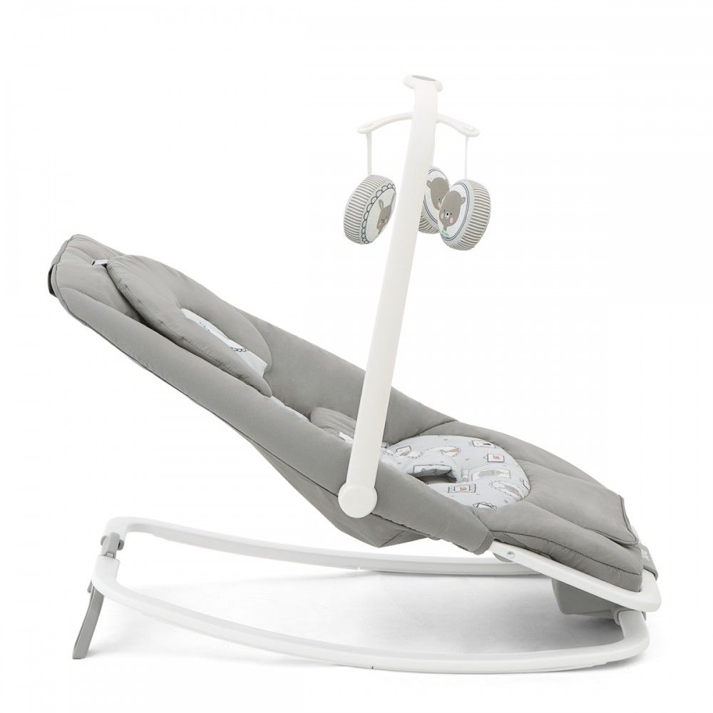 Gray baby rocker-bouncer seat with white frame, reclined position and toy mobile