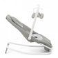 Gray baby rocker-bouncer seat with white frame, side view and toy mobile