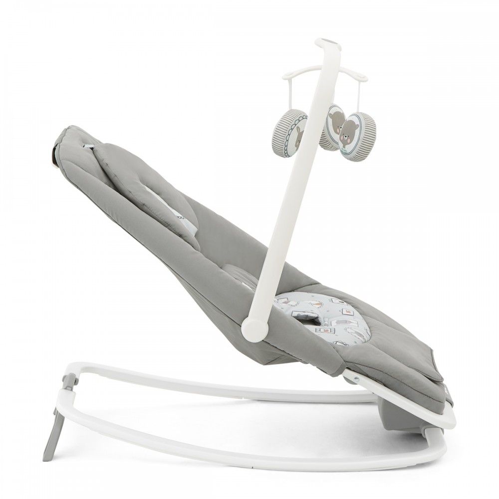 Gray baby rocker-bouncer seat with white frame, side view and toy mobile
