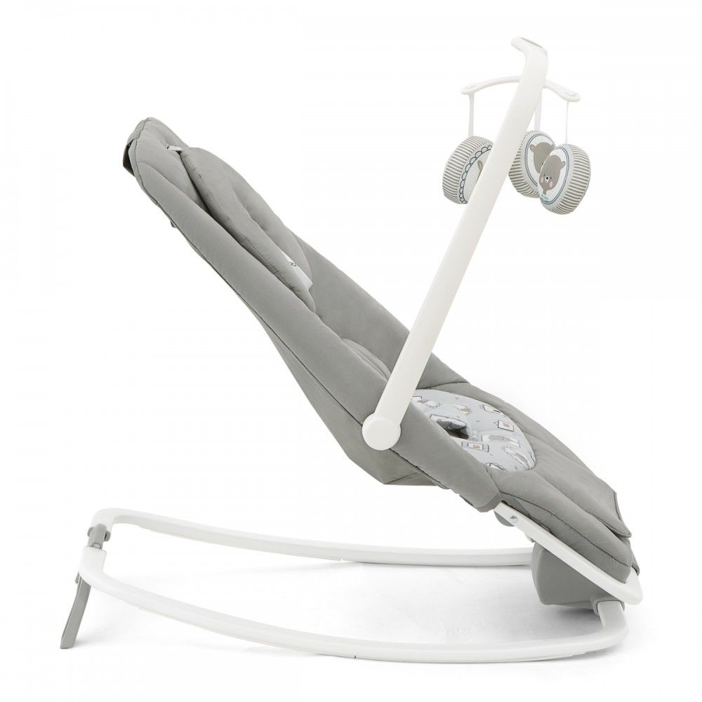 Gray baby rocker-bouncer seat with white frame, curved base and toy mobile