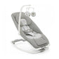 Gray baby rocker-bouncer seat with patterned insert, white frame and toy mobile