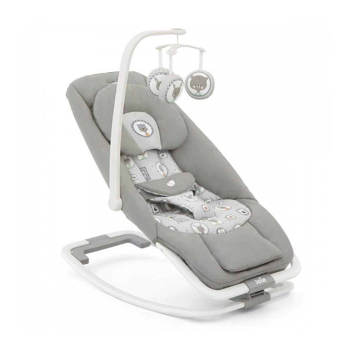 Gray baby rocker-bouncer seat with patterned insert, white frame and toy mobile