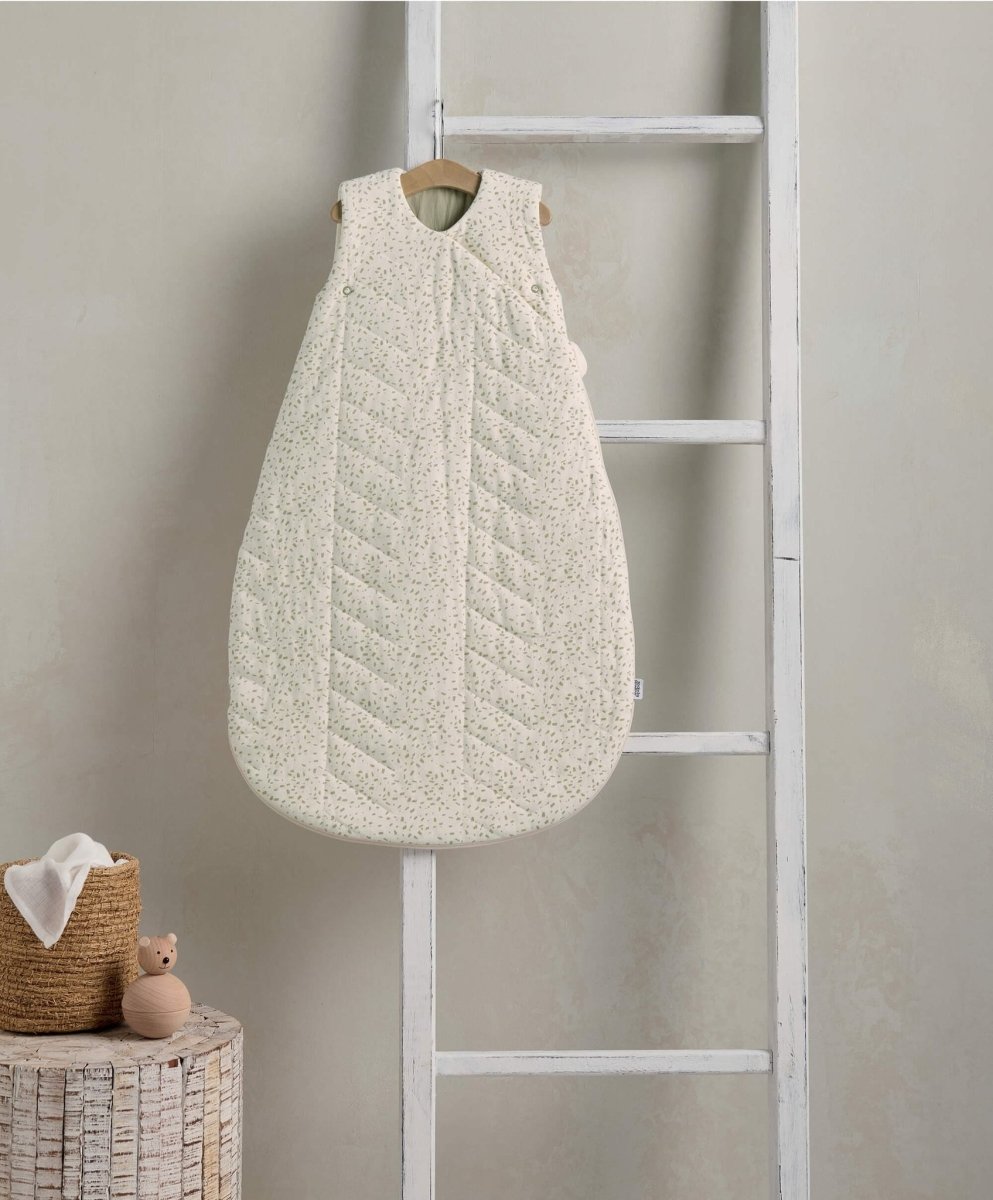 Quilted baby sleeping bag, sleeveless, cream with subtle pattern, 0–6 months