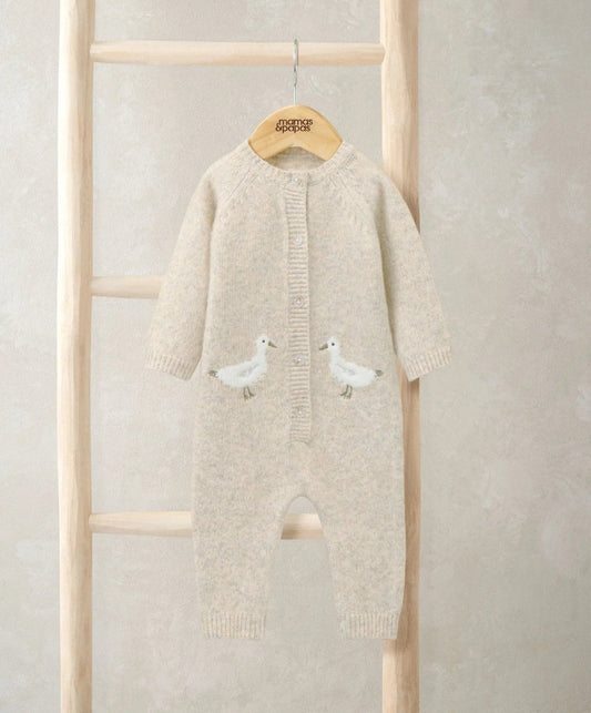 Oatmeal knit duck appliqué romper with long sleeves and button front
