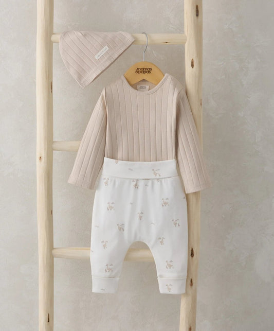 Baby bodysuit and leggings set with hat in cream, duck print, long sleeves